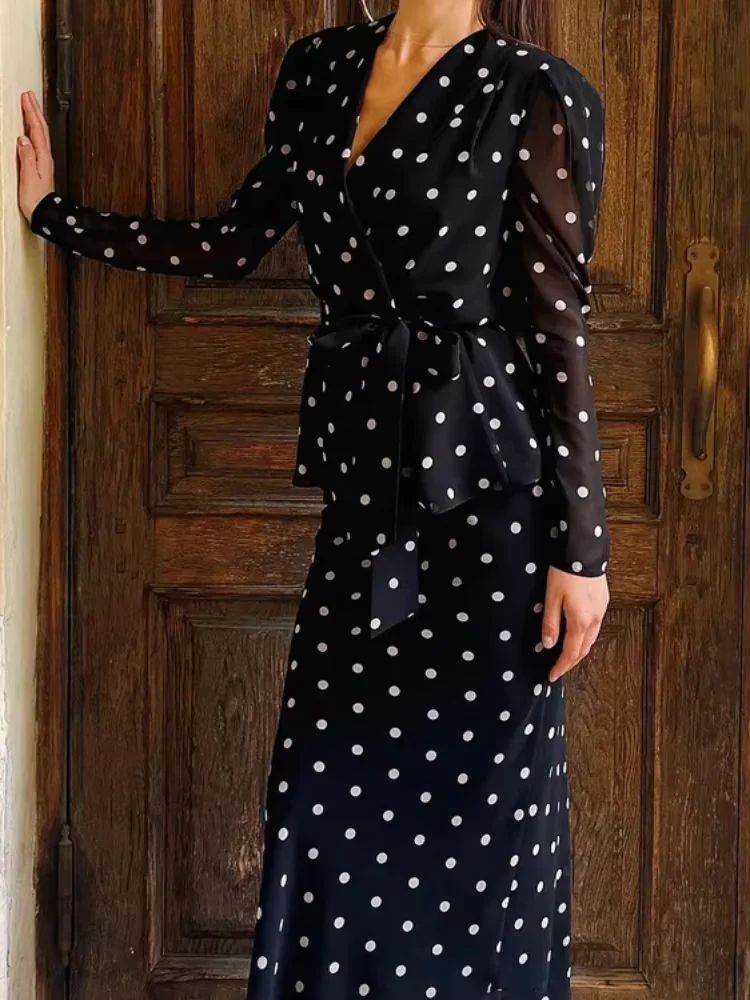 

Polka Dot Long Skirt Set Women Elegant Full Sleeve V-neck Lace Up Slim Shirt Skirts Sets 2026 Lady Spring Commute Street Outfits