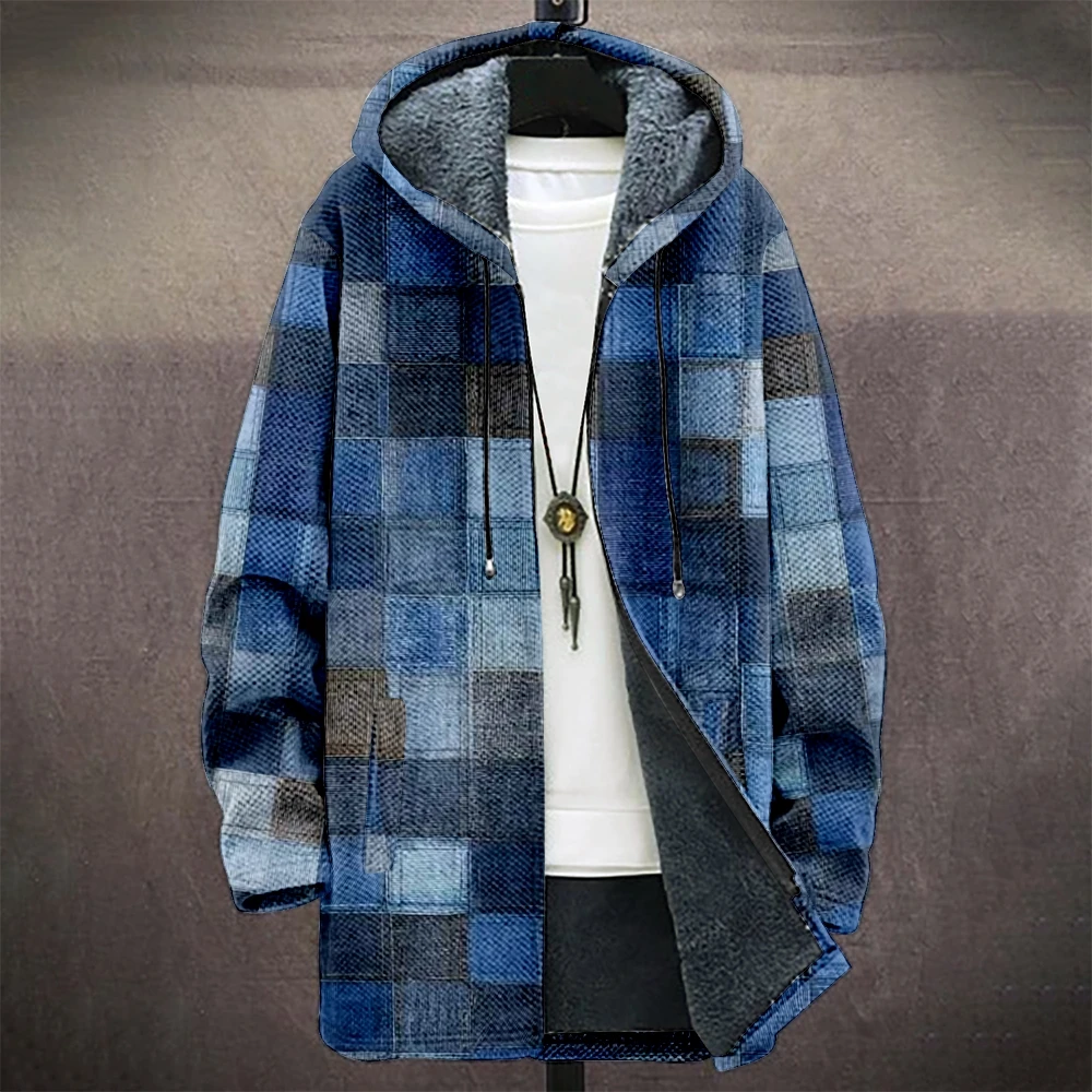Men's Plaid Hooded Coat  Fleece-lined Blue Gray Warm Winter Jacket Geometric Urban Streetwear Fashion Seasonal Trend Outerwear