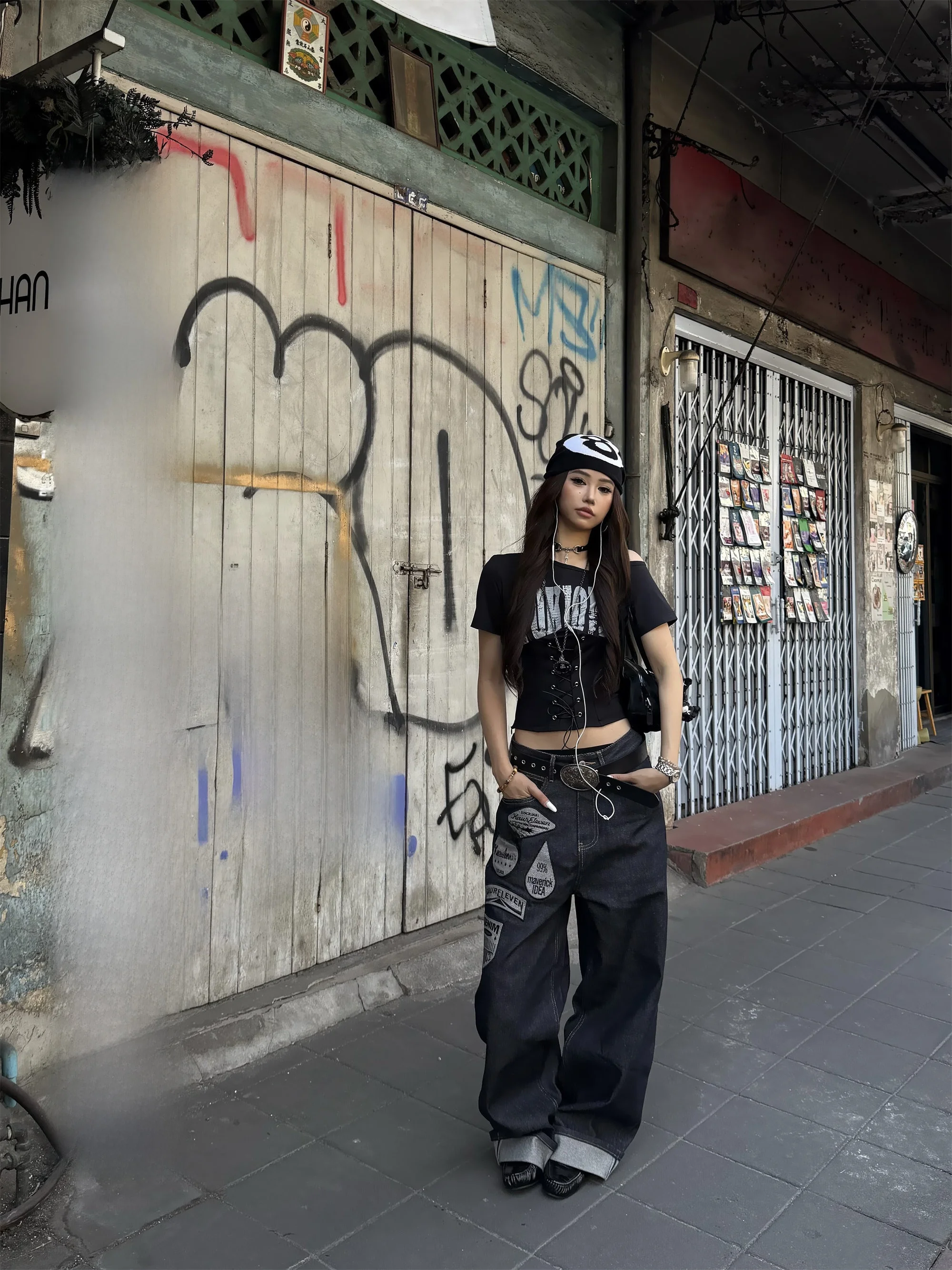 

Lazy Chic American Retro Embroidered Patchwork Loose Straight Leg Jeans Women's Casual Cotton Blend Trousers