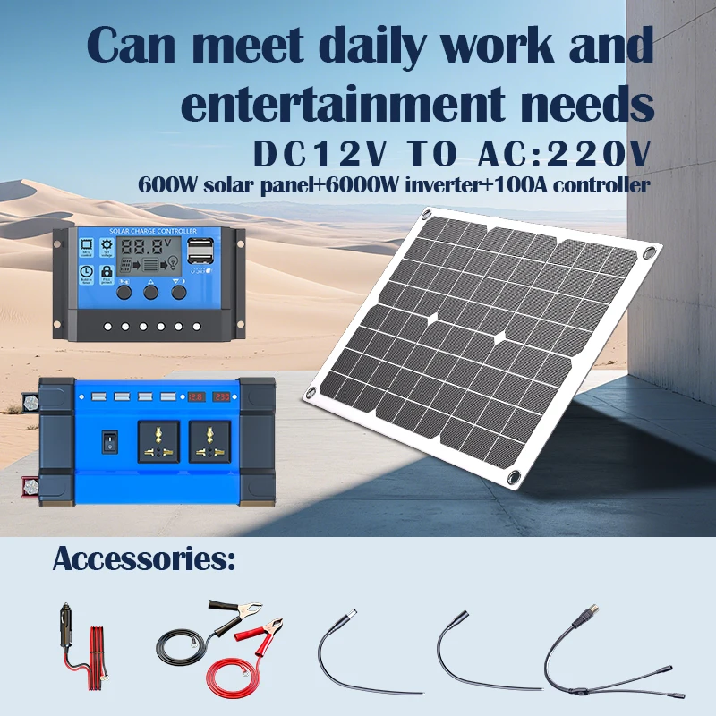 6000W Solar Generator Kit, 600W Charging Panel with 220V Pure Sine Inverter and 12V Controller – Complete Home & Off-Grid Power