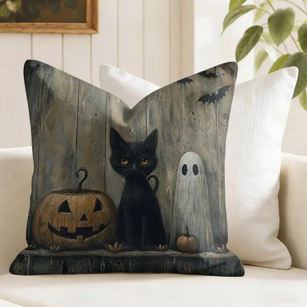 Halloween Black Cat Ghost Pumpkin Cushion Cover Natural Linen Organic Fabric Double-Sided Printing Breathable  Gift For Decor