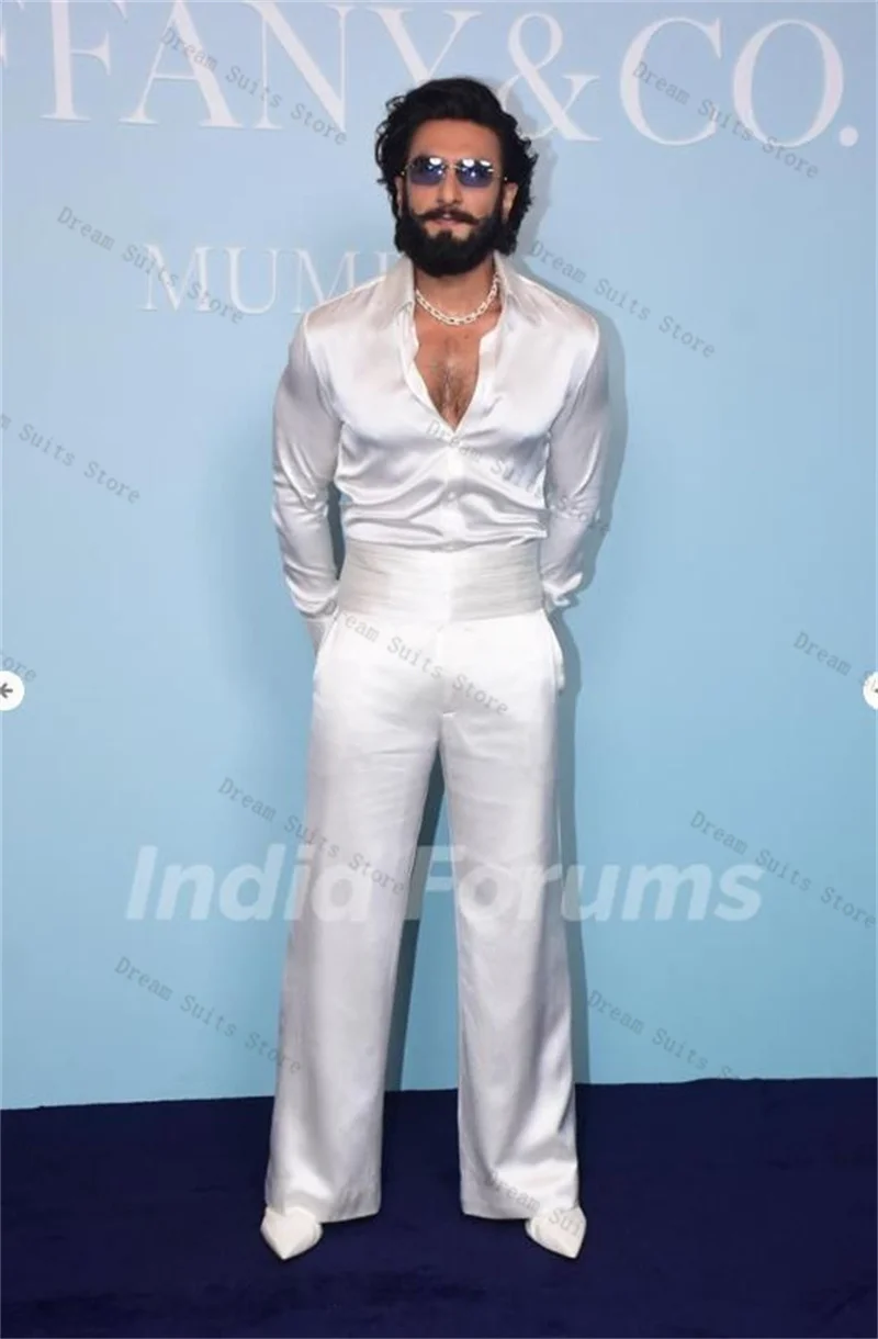 

Catwalk White Satin Men Suit Set 2 Piece Blazer+Belted Pant Trousers Customized Formal Office Jacket Groom Wedding Tuxedos Coat