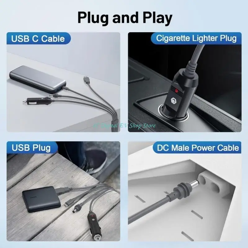 E74D 3 in 1 Mini Cable 10ft USB C Car DCDC Cable for Portable Power Needs