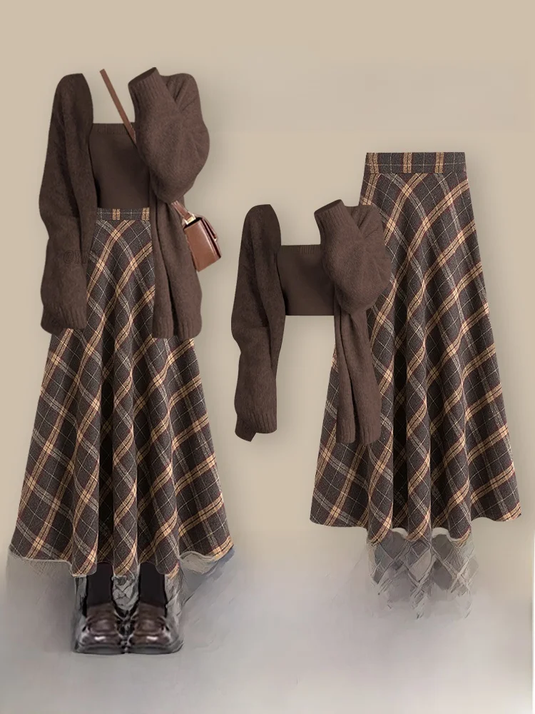 

Вязаный комплект Ele: женский корейский костюм с юбкой в клетку и топом, с завышенной талией, осенне-зимний повседневный наряд