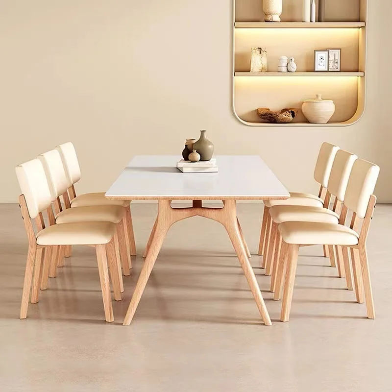 Solid wood rock board dining table, small unit rectangular dining table, modern and simple solid wood legs, pure white rock boar