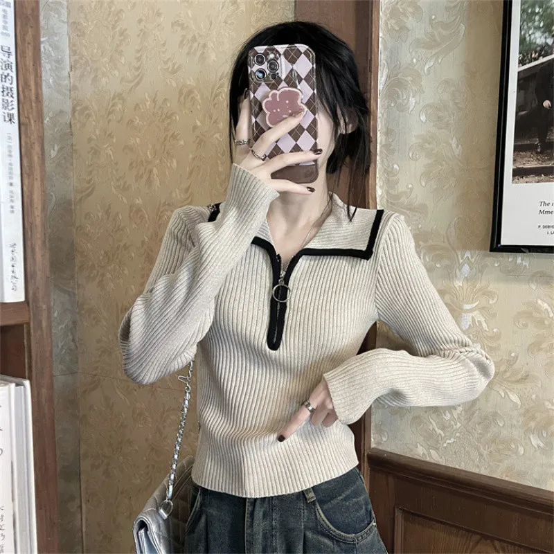 Trendy Retro Knitted Sweater for Women Autumn Winter2024New Sweater with Turn-down Collar, Zipper, Long Sleeve, Slim Fit, Slimmi