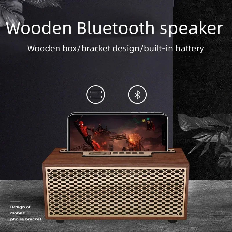 FM Vintage Wood Grain Bluetooth Speaker TWS Wireless Subwoofer Outdoor Portable Radio Gift Stereo Mobile Phone Stand Speaker