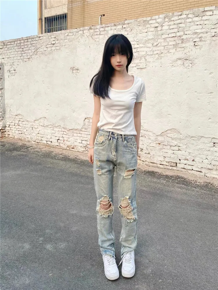 

American Retro Yellow Clay Dye Straight Leg Jeans Women's Spring Summer High Waist Extended Floor Length High Street Style