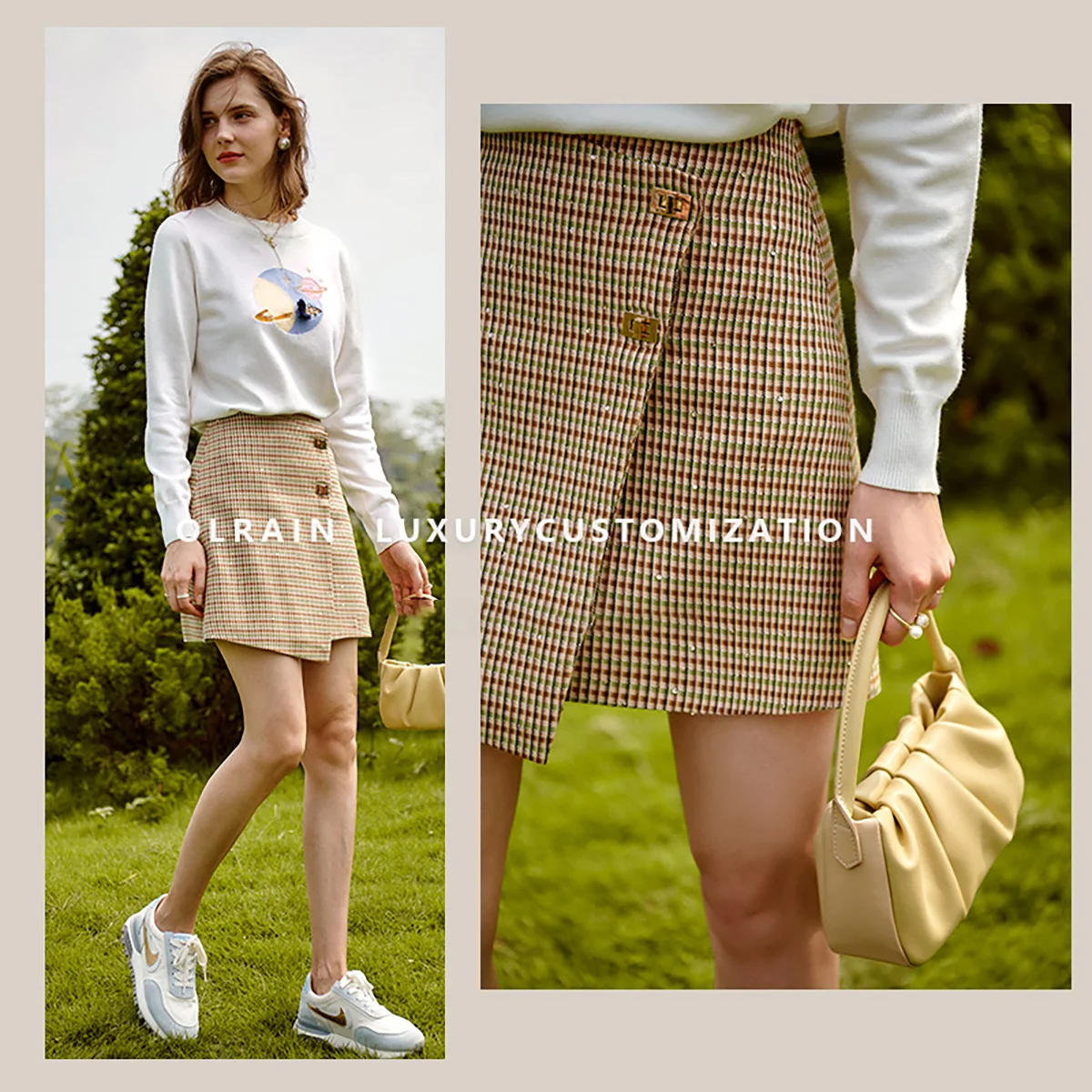 Olrain a linha xadrez mini saia feminina 2025 primavera verão moda irregular commute casual cintura alta saias emendadas o21qb53598