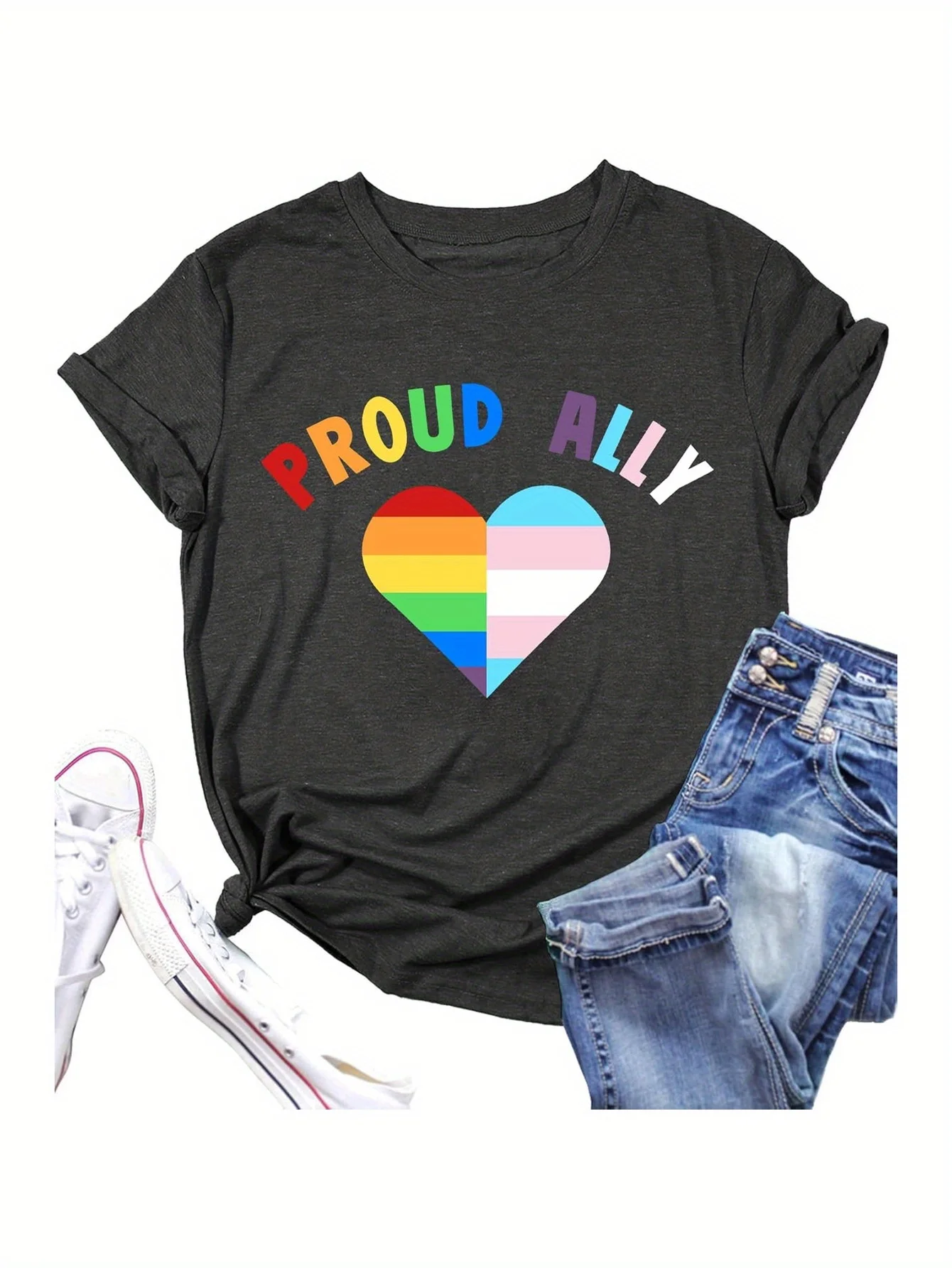 Proud Ally LGBTQ Pride T-Shirt - Rainbow Heart Graphic 100% Cotton Regular Fit Short Sleeve Tee for Men & Women, Unisex Equality