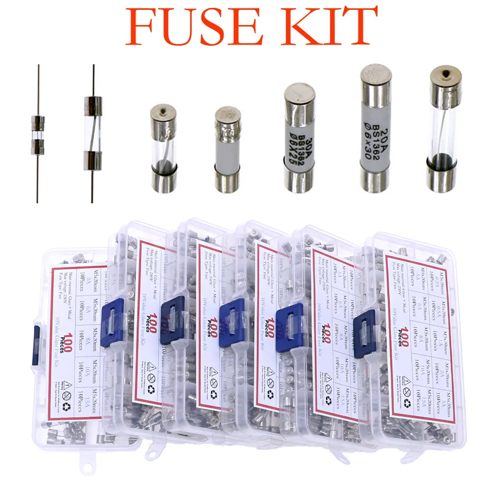 5x20 5x25 6x30 3.6x10mm Slow Fast Blow Glass Ceramic Fuse With Lead Wire Mix kit 0.1A0.2A0.5A1A2A3.15A4A5A6.3A8A10A15A16A20A30A