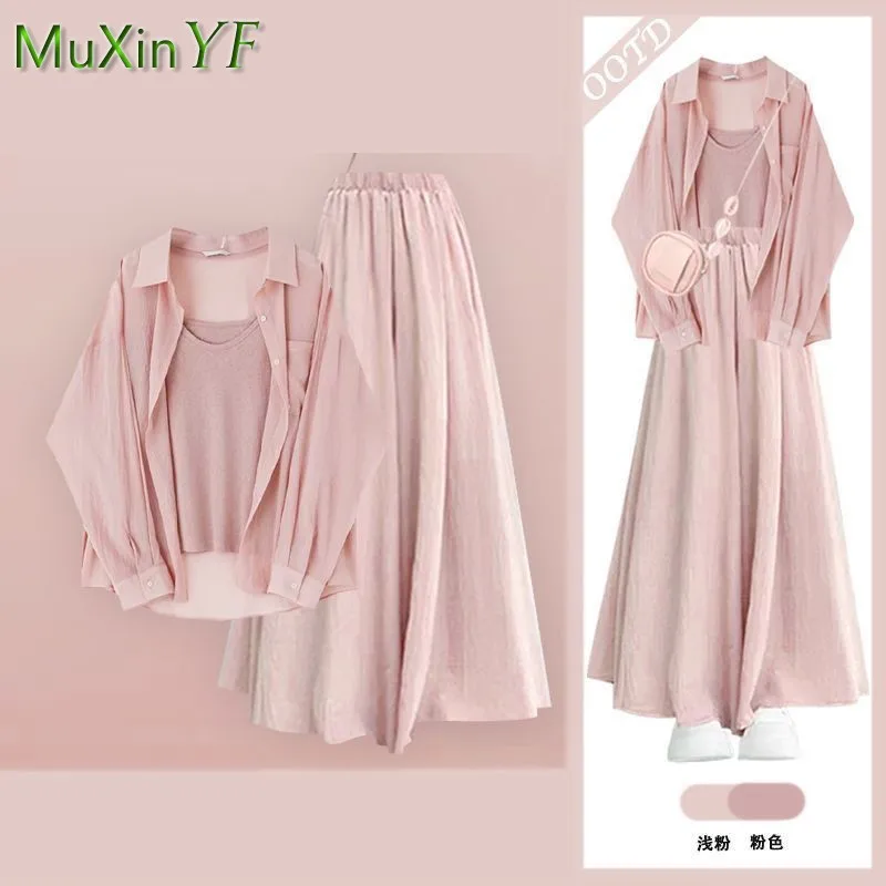 Women's 2025 Summer New Sunscreen Shirt+Strap+Wide Leg Skirt Pants 3-Piece Set Korean Elegant Cardigan Trousers Matching Set