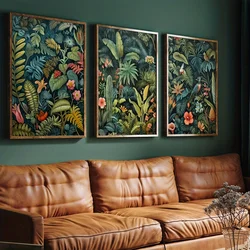 3pcs Set Vintage Jungleland Flower Henry Rousseau Inspired Wall Art Canvas Print,Plant Print Poster,Tropical Jungle Wall Art,Vintage Wall Art,Spring Decor,Living Room Gift,Home Decor,Flower and Leaves Woodland Wall Decor,No Frame