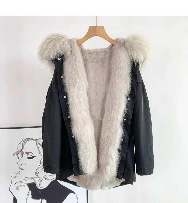 سترة شتوية مبطنة بفرو أرنب ريكس للنساء، معطف بومبر باركا مع غطاء رأس من فرو الثعلب والراكون الحقيقي، سميك ودافئ، ملابس خارجية للشارع