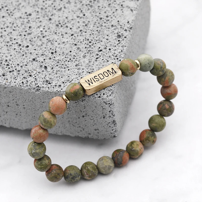 Classic Letter Wisdom Charm Natural Stone Bracelet Bless Wish Beads Stretch Bangle ForSon Sister Daugther Birthday Jewelry