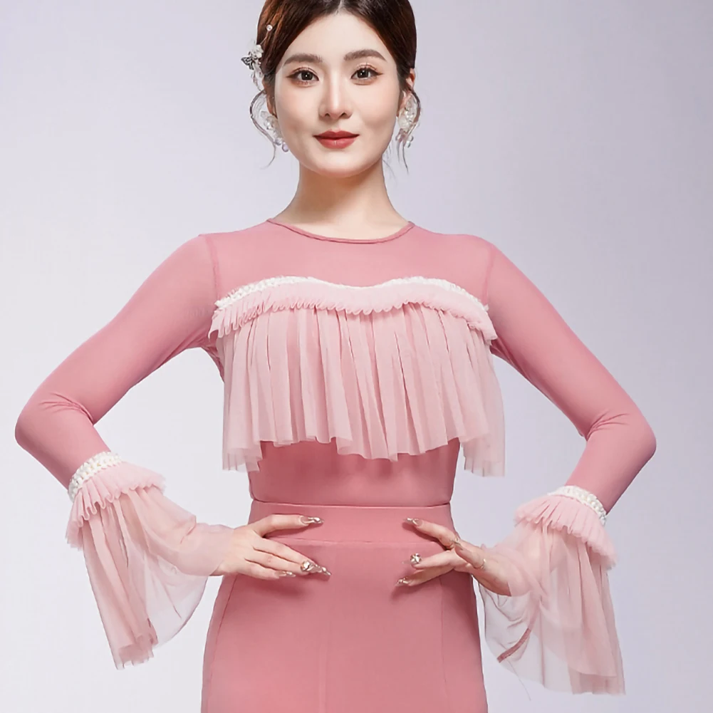 2025 Rose Powder Latin Dance Jumpsuit White Cloud Yarn Dance Practice Long Sleeve Ball Top Round Neck Clothing Women's