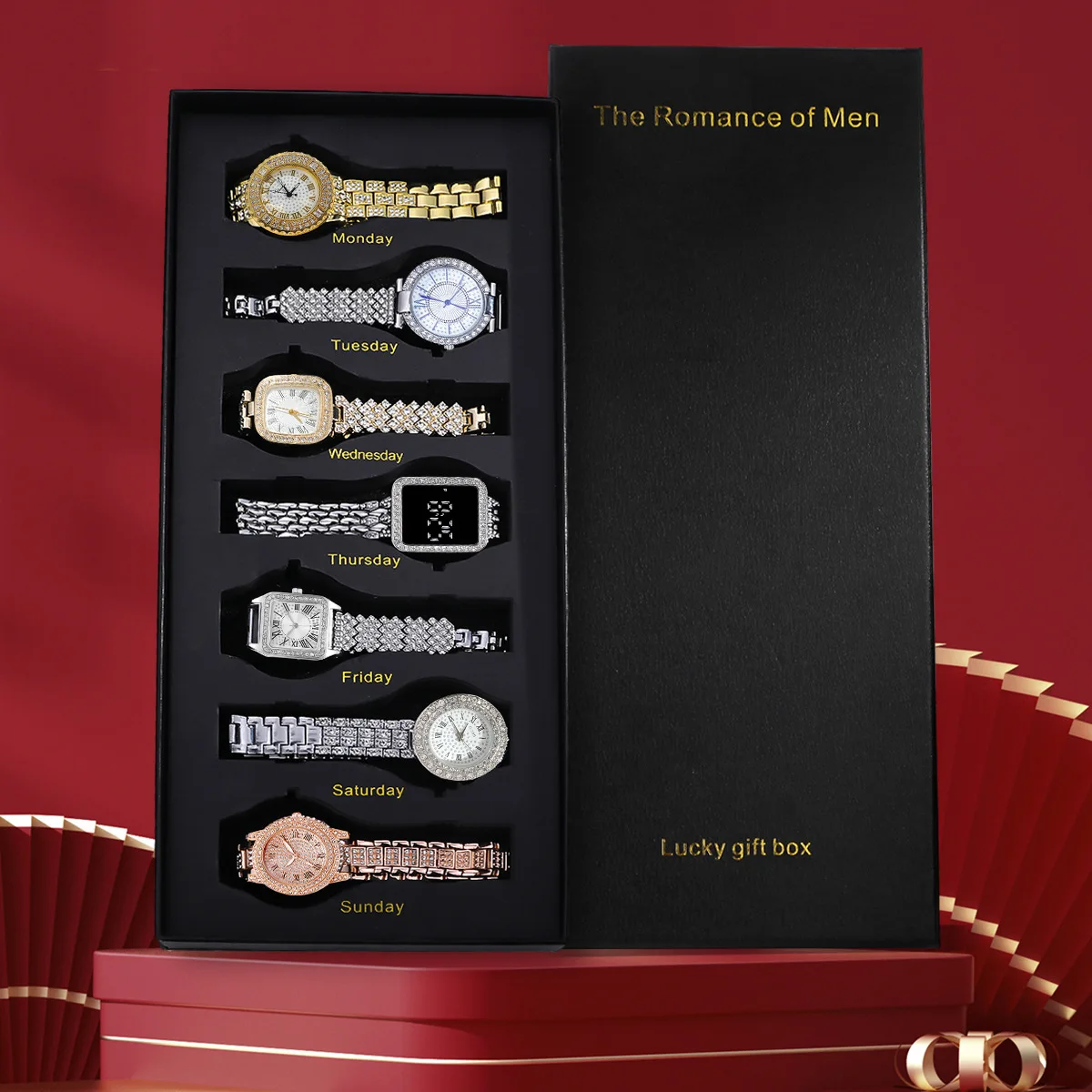 Men 7‑Pcs Watch Quartz Timepiece Set Mixed Retro Classic Dial Polished Metal Band Elegant Present Storage Gift Case