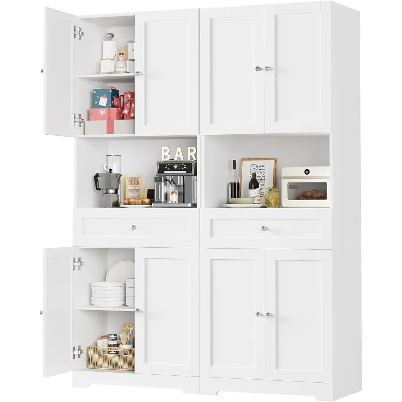 2 Pcs Tall Kitchen Pantry Storage Cabinet with Doors and Shelves, Modern Kitchen Hutch Cabinet with Storage Drawer & Bar Cabinet