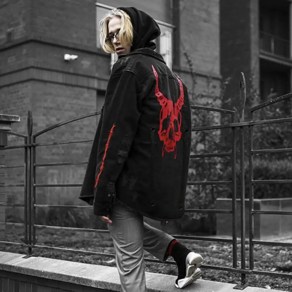 Gothic Style Denim Shirt Jacket, Distressed Skull Print Casual Outerwear