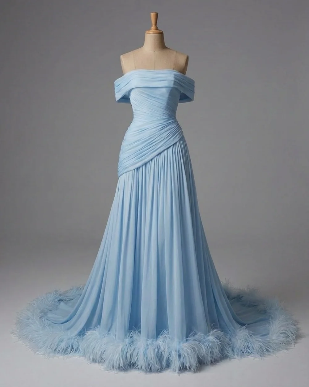Customized Sky Blue Formal Modest Chiffon Pleat Draped Feather A-line Off-the-shoulder Long Dresses Evening Dresses for Woman