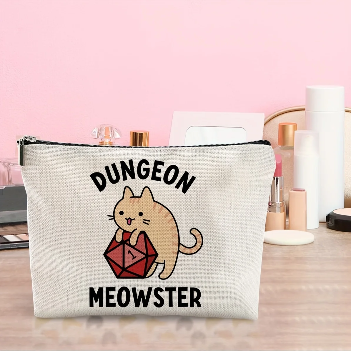 

A Meow Meow And Dice Designed Makeup Bag - Cute Multifunctional Zipper Bag For Women, Jewelry Storage Bag, Perfect Travel Zipper
