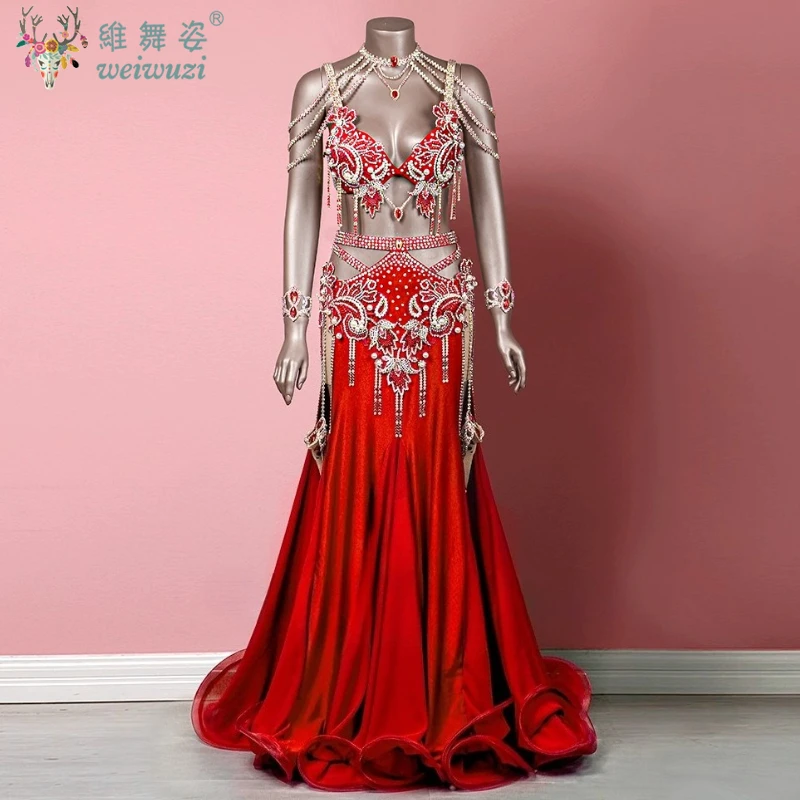 Belly Dance Suit Embroidery Diamond Bra Split Fishtail Skirt Necklace Performance Set High-End Custom Adult Competition Clothing