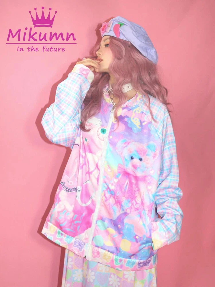 Mikumn Harajuku Y2k Baseball Jacket Women\'s Autumn Loose Japanese Kawaii Cute Cartoon Printed Casual Coat Sportswear Streetwear