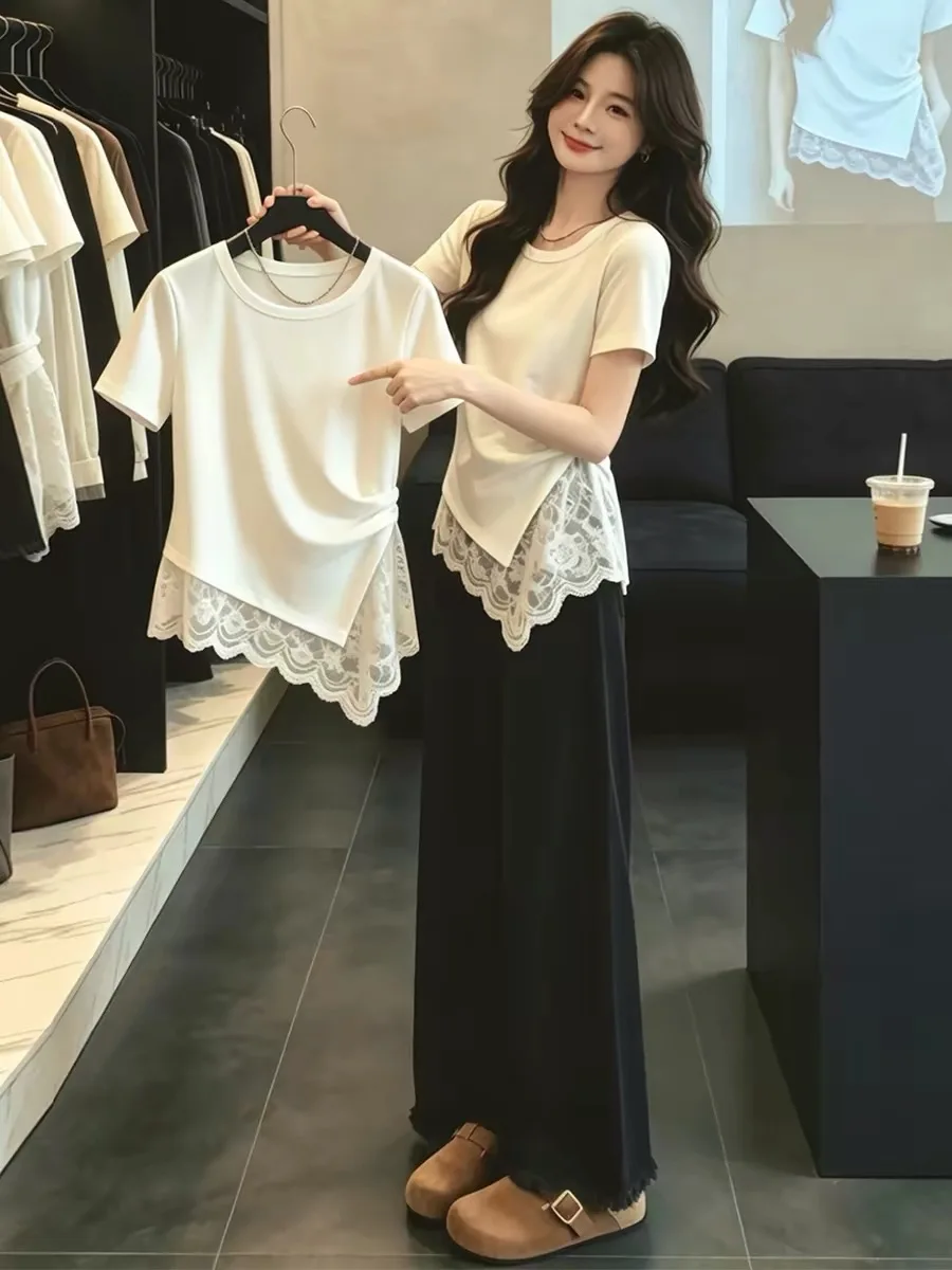Summer Short Sleeve T-Shirt Women's Lace Splicing Slim Fit Shoulder Appropriate Cotton 95% Elastic Fiber Casual Top