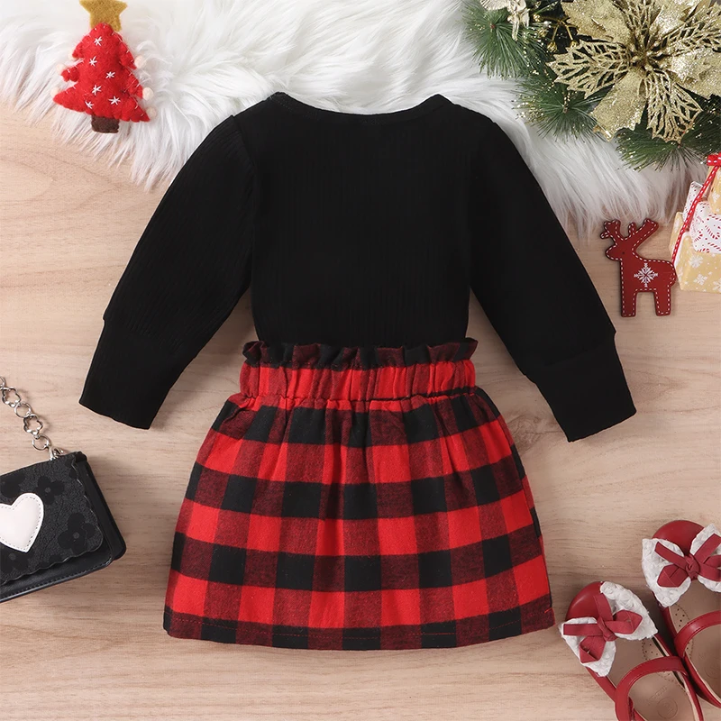 2-7 Years Auutumn Kids Girls Christmas Clothes Sets Long Sleeve Solid Tops Plaid Skirt Toddler Baby Girl Clothes Party Clothing