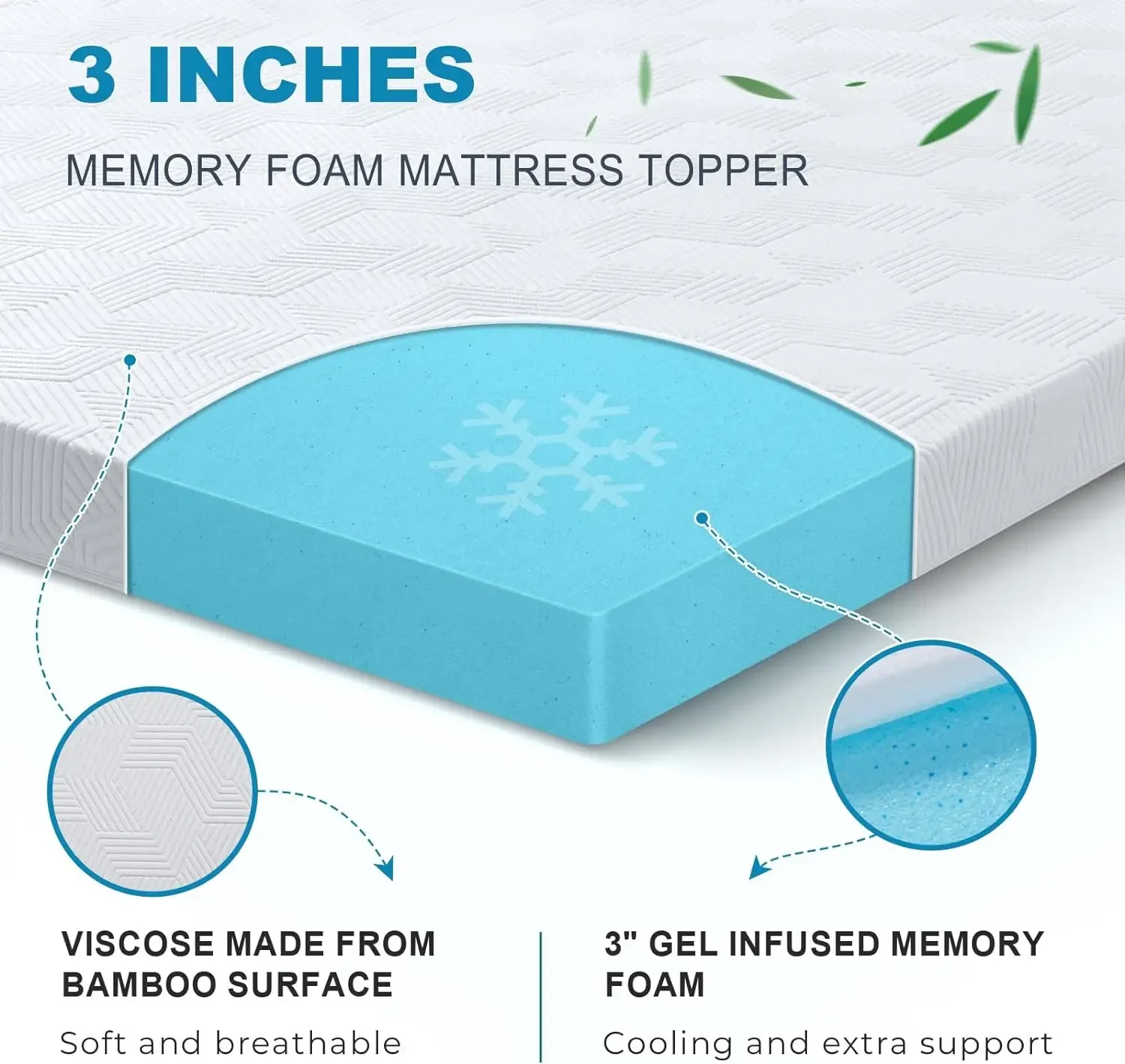 3 Inch Gel Memory Foam Mattress Topper Queen Size, Non-Slip Design with Removable Viscose Made from Bamboo Cover, Pain Relie