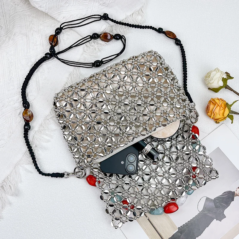 2025 new retro silver hand woven bead acrylic small square bag with long shoulder strap, mobile phone crossbody bag view 4