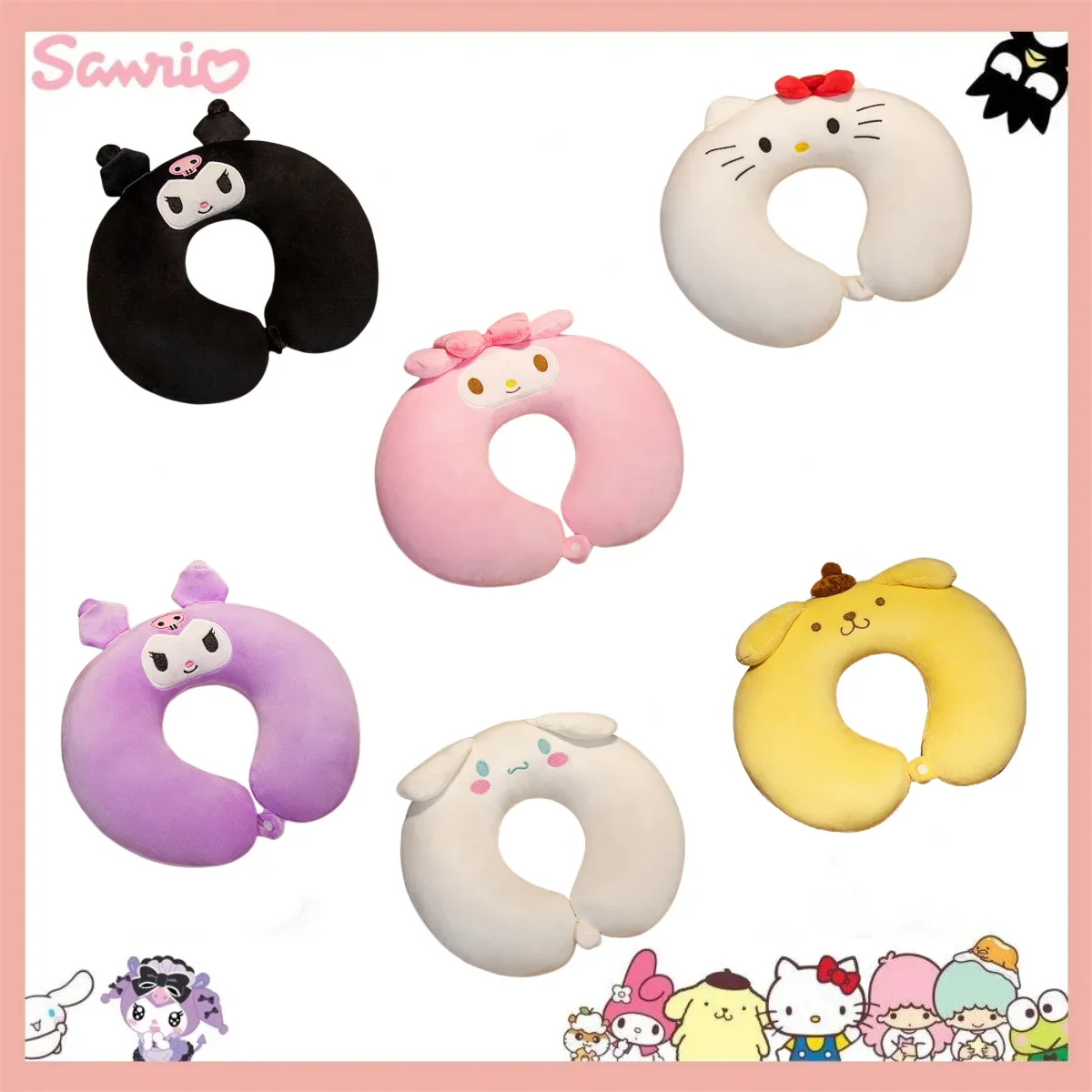 Sanrio Kawaii Kuromi Cinnamoroll Boneca De Pelúcia em forma de U Pescoço Travesseiro Anime Desenhos Animados Bonito Viagem Cesta Travesseiro Menino Menina Presente de Férias