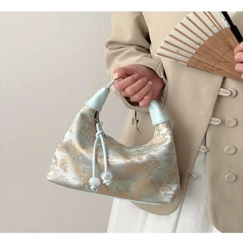 

Trend Tote Bag Casual Embroidered Chinese Style Handbag Purses Hanfu Embroidery Handbag Zipper Crossbody Bag Cheongsam Bag Party