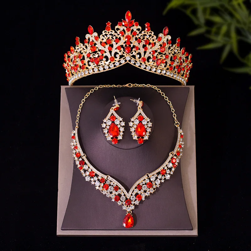 DIEZI 4 Style Elegant Bridal Crown Women Gilrs Wedding Princess Queen Korean Red Crystal Tiaras Necklace Earrings Jewelry Sets