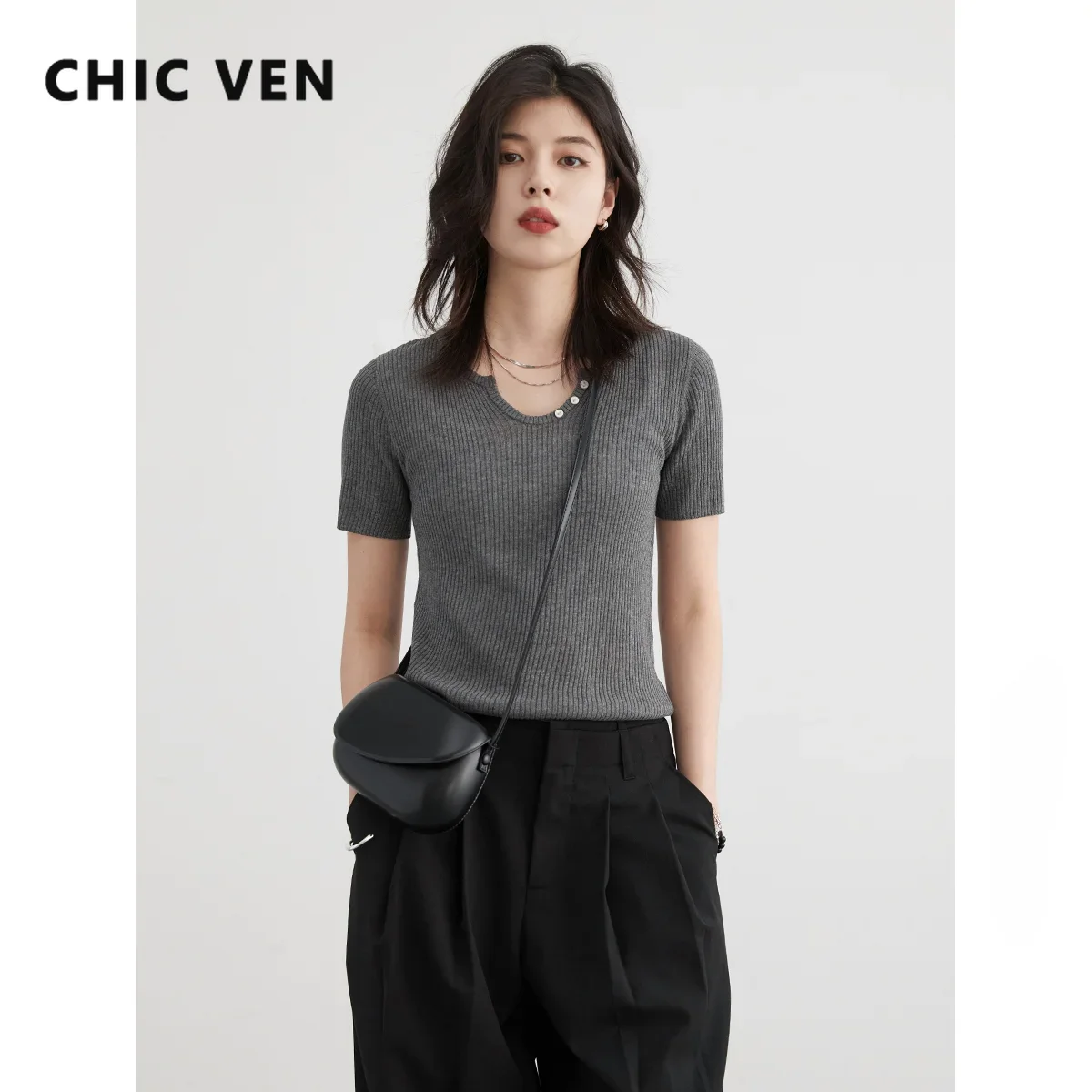 CHIC VEN maglioni da donna allentati Casual Solid t-shirt da donna a maniche corte Slim Knit Versatile donna Top estate 2024