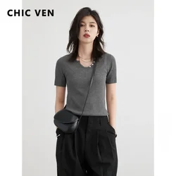 CHIC VEN Women Jumpers Loose Casual Solid Short Sleeved Female T-shirt Slim Knit Versatile Woman Top Summer 2024