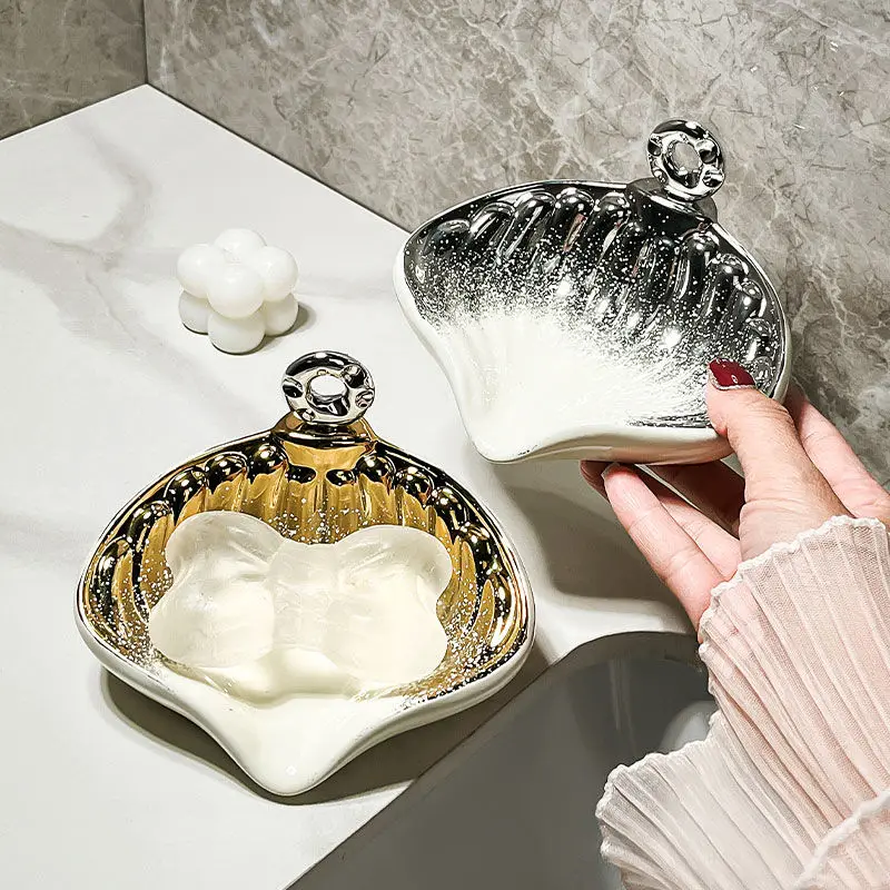 Draining shell soap box, household bathroom soap box, non-perforated bathroom shelf, ceramic