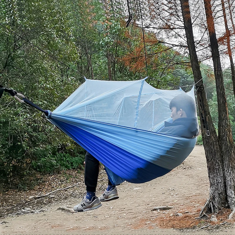 Outdoor Camping hamak z moskitierą lekkie wiszące hamaki tkanina spadochronowa o wysokiej wytrzymałości wisząca siatka na łóżko 260x140cm