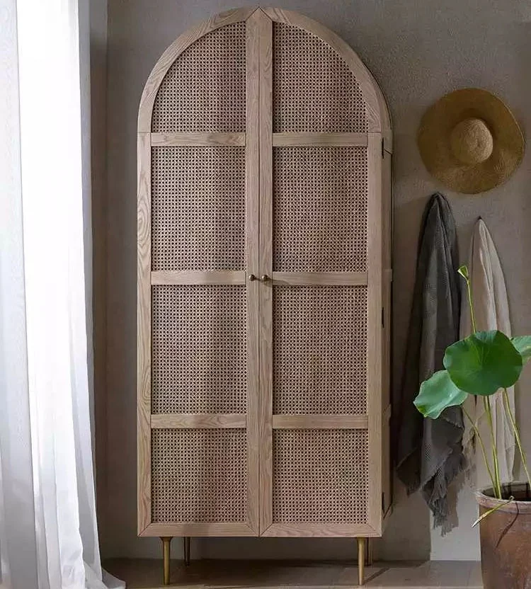 High Quality Tropical Solid Wood Wooden Rattan Wardrobe Closet Bedroom Furniture