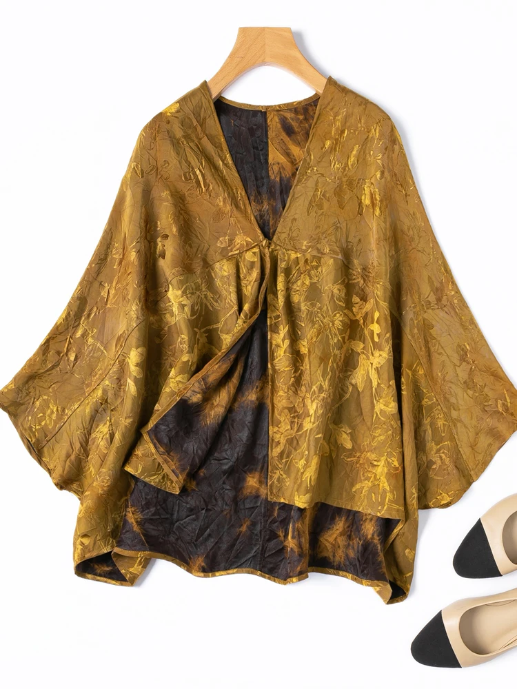 Rich Gold Grass Stained Double Sided Breathable 100% Natural Mulberry Silk Gambiered Guangdong Gauze Batwing Sleeve Loose Coat