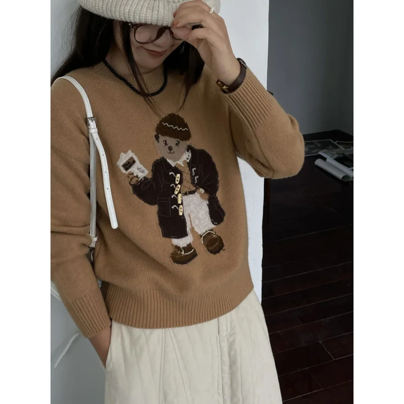 D111503~Korean Idle Style~Women's Wool Three-Dimensional Bear Embroidery round Neck Sweater Autumn and Winter Warm Sweater