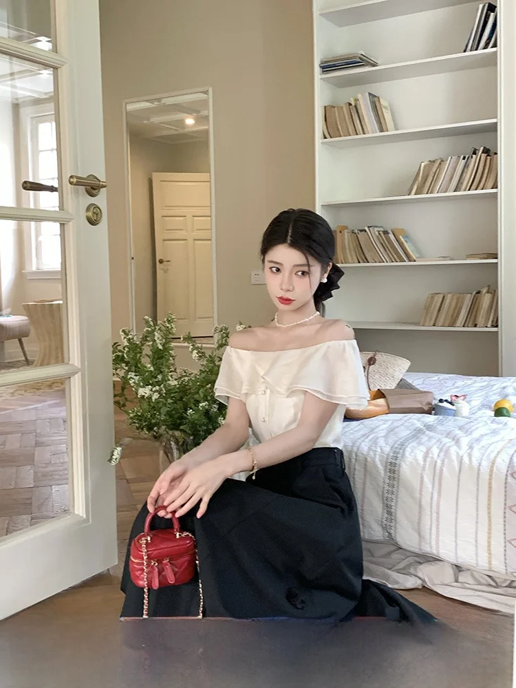 

No Errors Cru Sle Two-Way Neline Ruffle Hem irt Waist-Cinching Summer New Arrival Women's Faion Blouse