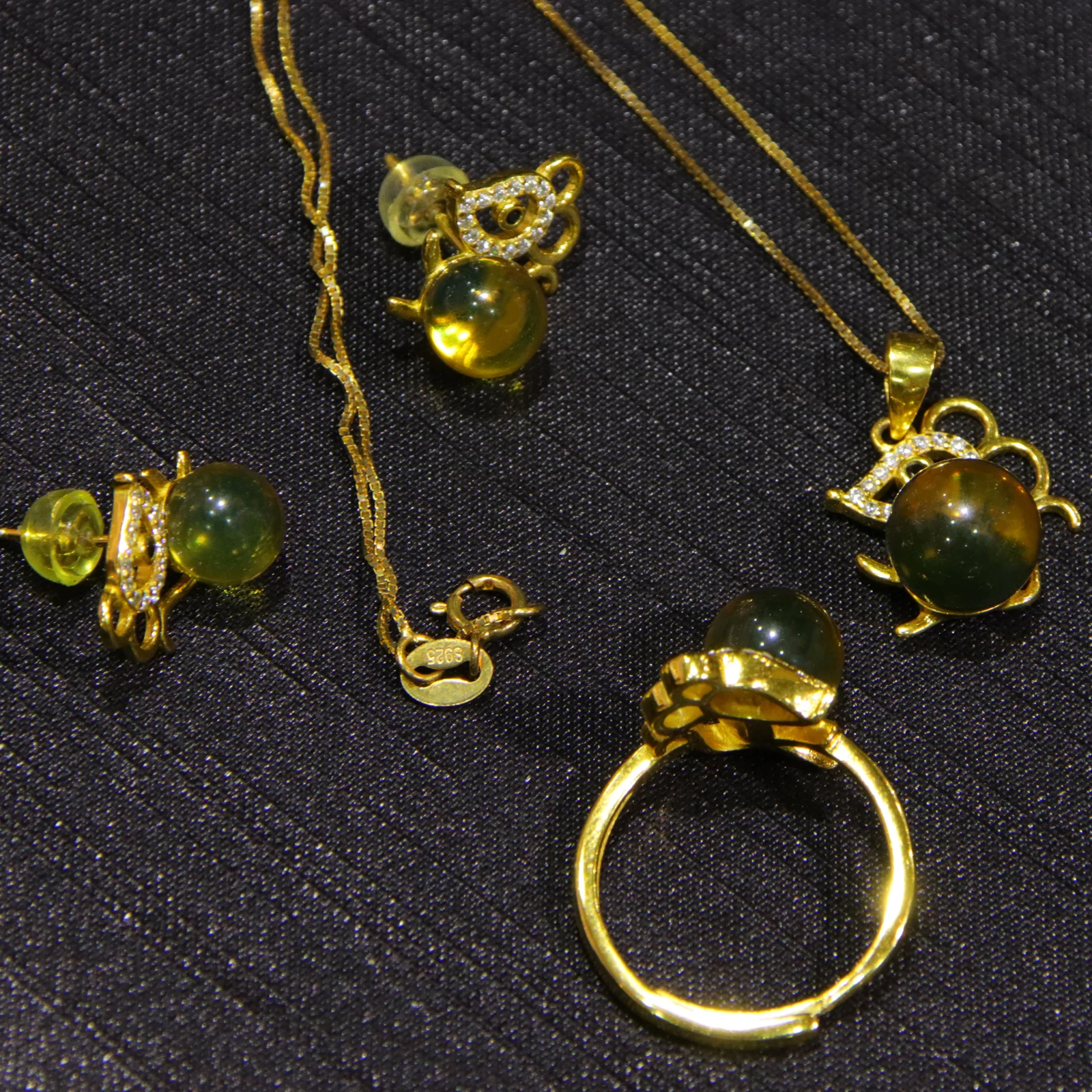 

7/8/9mm Blue Amber Jewelry Set: Earrings, Ring, Pendant, Necklace, A Wonderful Birthday Gift For Her