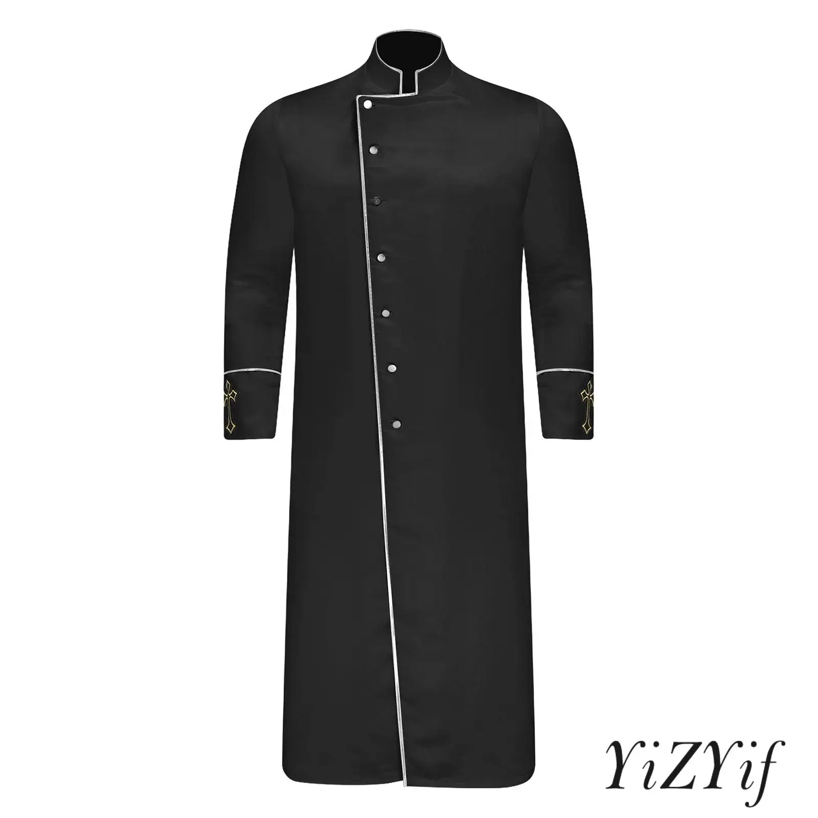 

Adult Mens Church Priest Clergy Robe Long Sleeve with Cross Embroidery Stand Collar Front Cassock Jackets for Halloween Cosplay