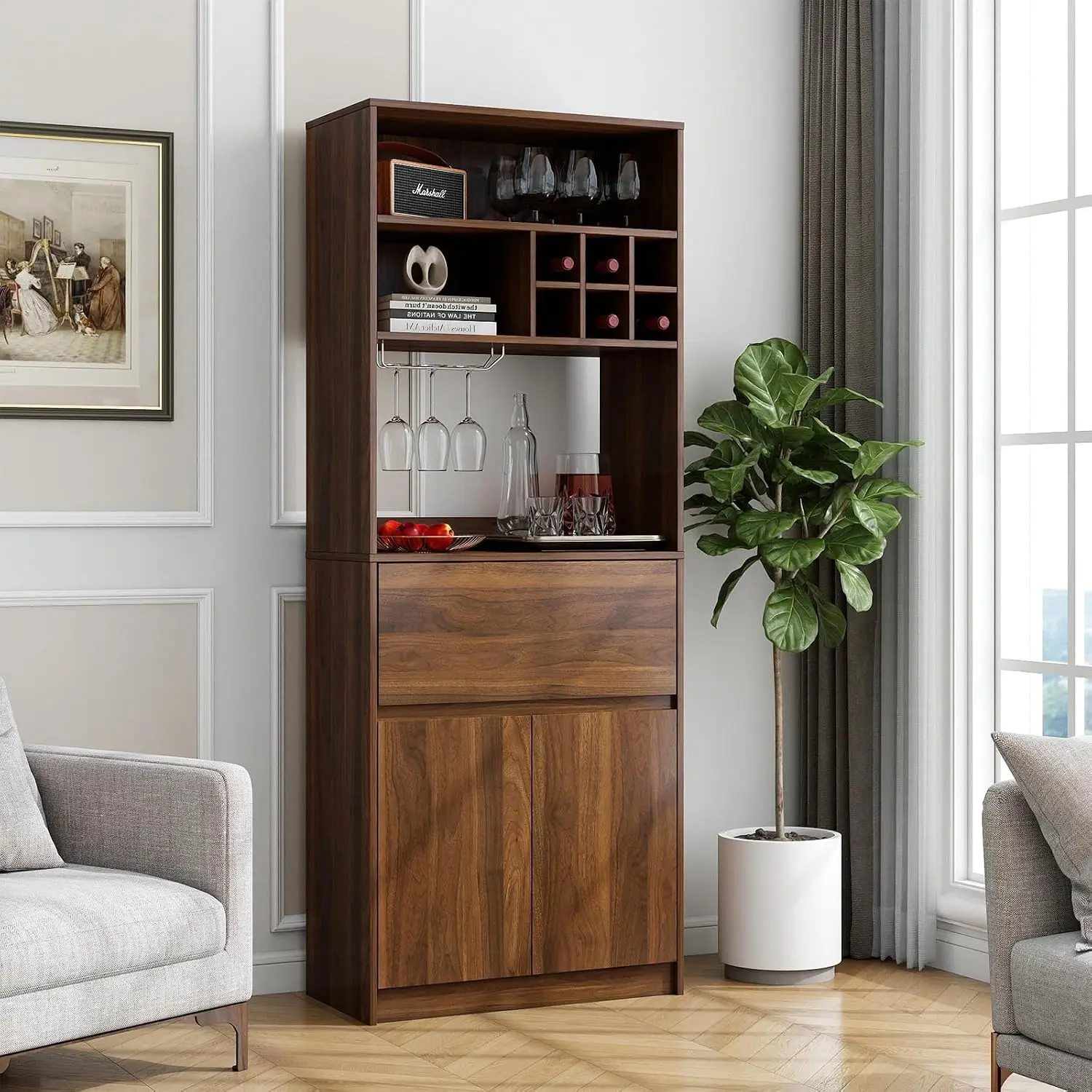 Coffee Bar Cabinet Storage Hutch Countertop Stemware Rack Drawer 71