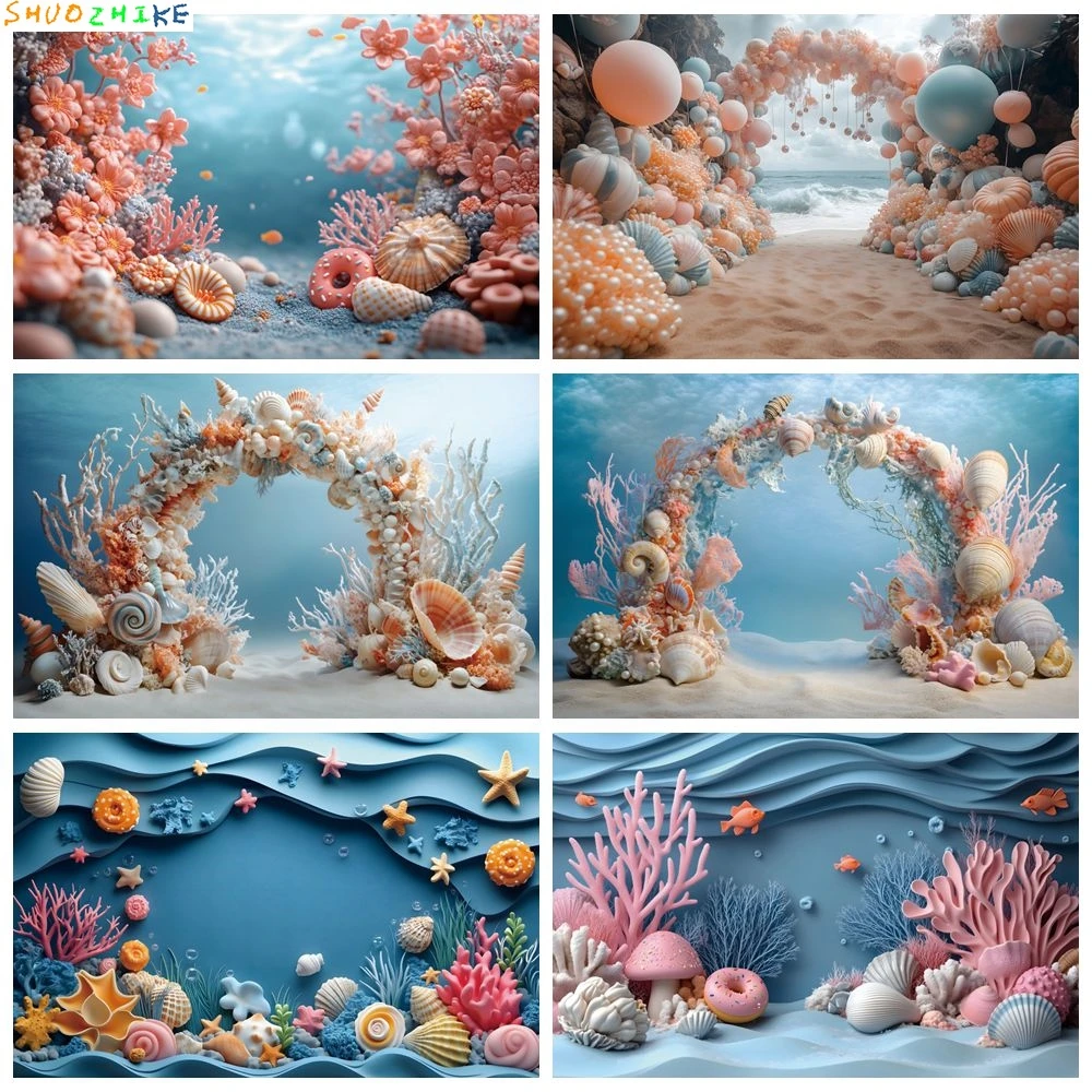 

Undersea World Backdrop Sea Underwater Plants Coral Shell Baby Shower Birthday Party Photography Background Decor Photostudio