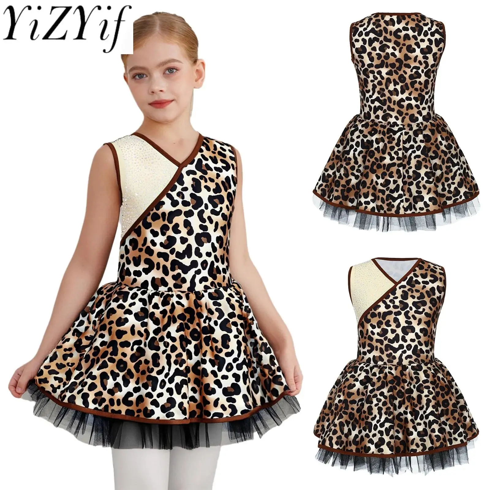 

Halloween Prehistoric Cave Cosplay Costume Leopard Print Patchwork Sleeveless Puffy Dress for Cosplay Themed Party
