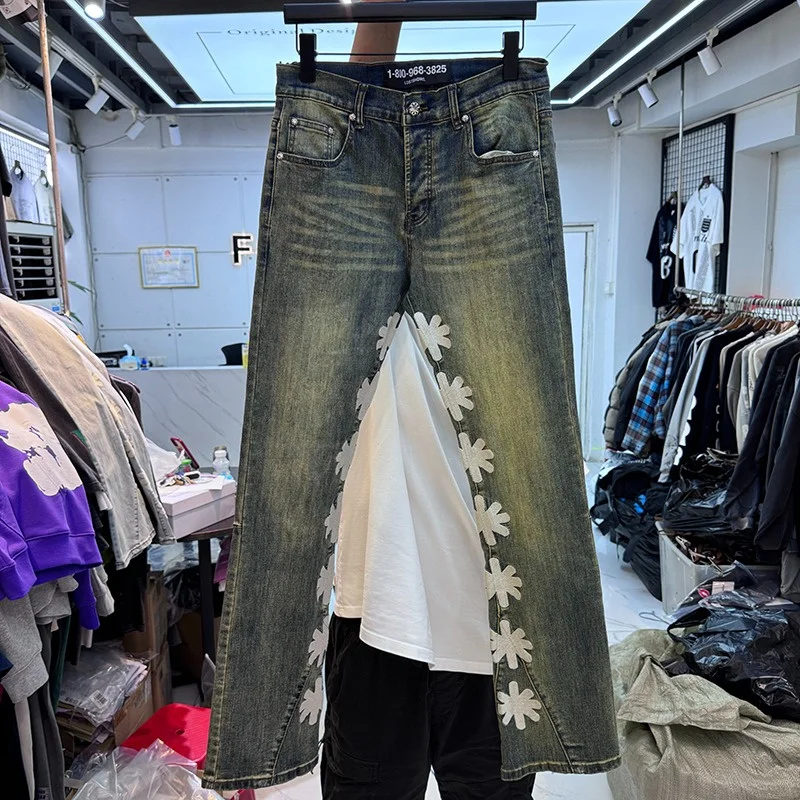 

High Street Sunflower Patterned Embroidery LOSTSHDWS Jeans Fitted Button Men Women Casual Trousers Straight Leg Pants