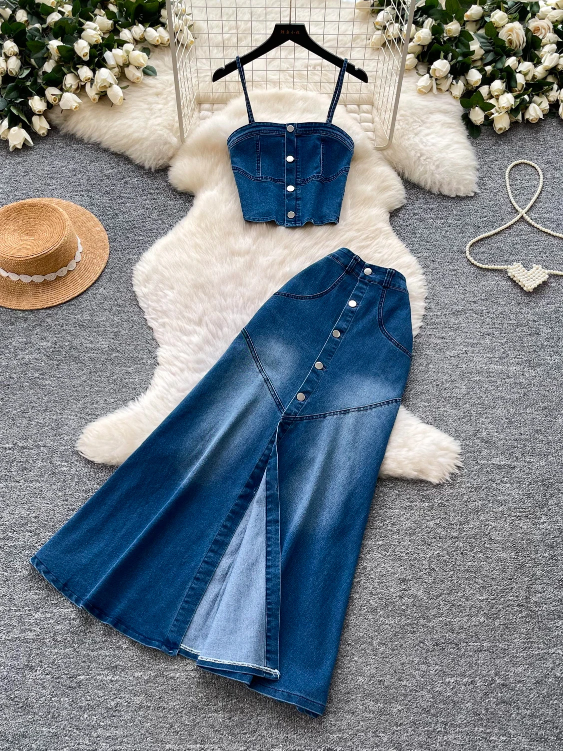 

Summer Slimming Denim Set Women's High Waist Split Skirt Chic Style Single Button Casual Workwear Fashionable Two-Piece Suit