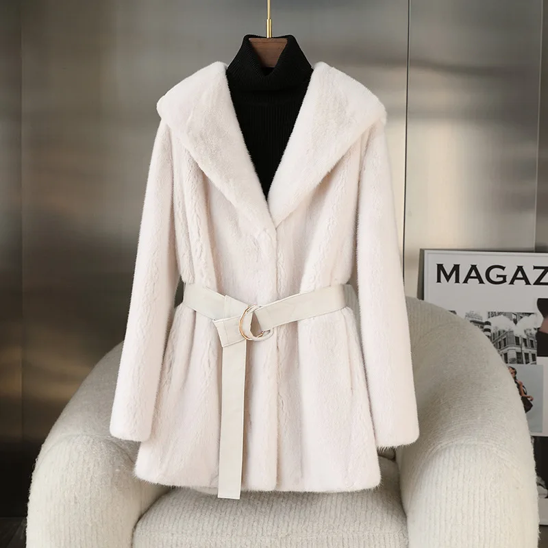 

Hooded Faux Fur Coats Solid with Belt Black Short Furry Jacket Fluffy Warm Thick Slim Luxury Elegant Faux Mink Plush Coat Casual